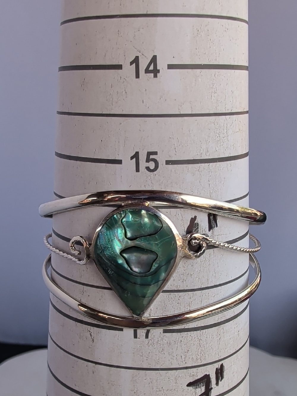 Alpaca Silver Teardrop Cuff Bracelet Abalone Green Blue Shell - Picture 4 of 8